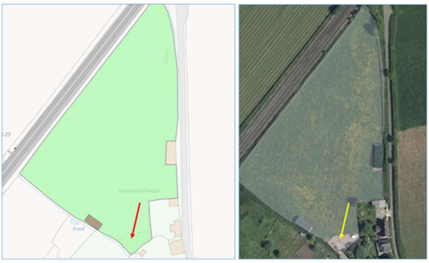 On the left, outlines showing how a land parcel is mapped on the system with an arrow pointing to the bottom corner of the parcel. On the right, an aerial photo of the same parcel with an arrow also pointing to the bottom corner, where it's visible that instead of being cultivated the corner of the parcel has a car park on it