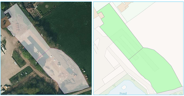 On the left, an aerial photo of a land parcel. On the right, a graphic showing how that land parcel is mapped on the system. On the aerial photo it's visible that the mapped parcel, which is supposed to be grassland, has no grassland but instead a number of farm buildings and equipment