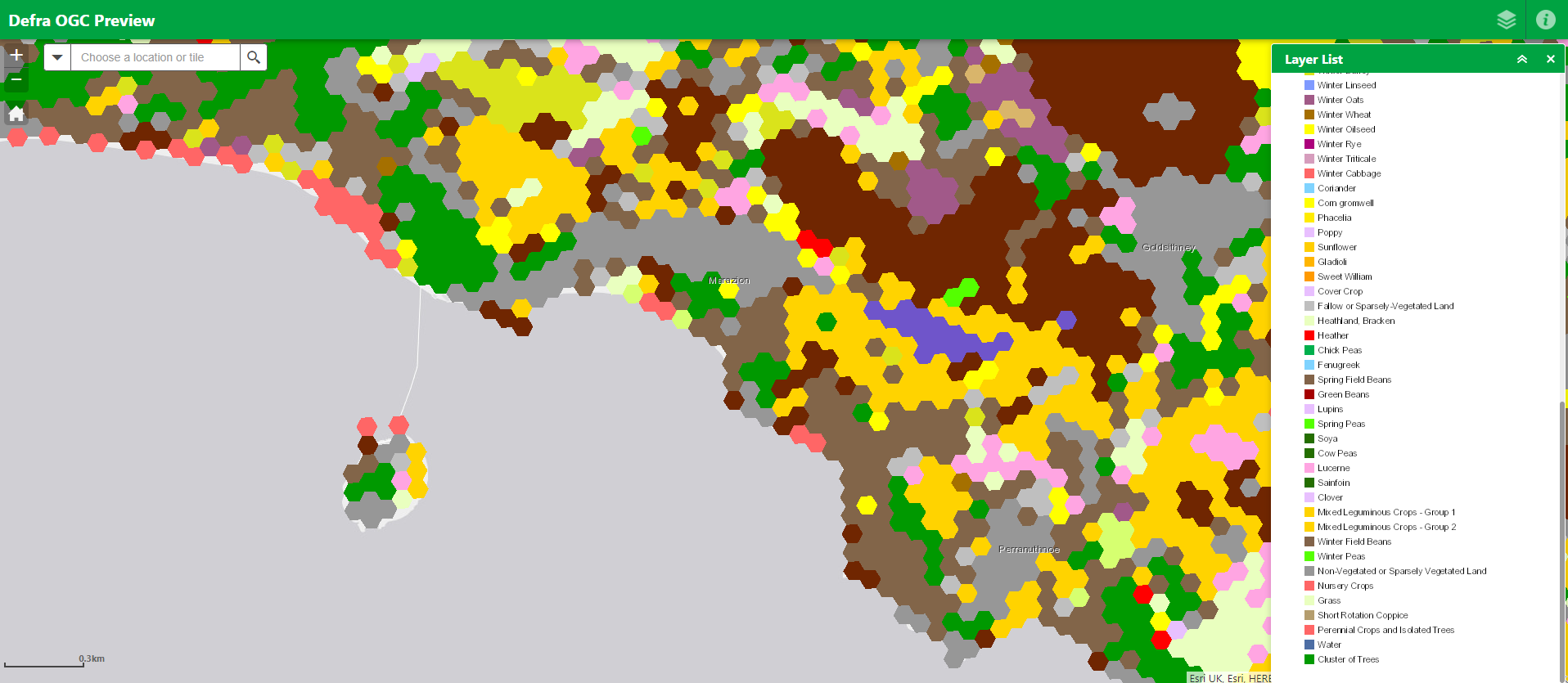 A map of Cornwall overlaid with small coloured hexagons showing the different types of crops grown