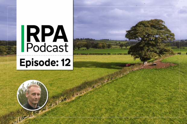 Photograph of a field with a hedge running through the middle. There's a smaller photo of field officer Peter Clamplett overlaid and the title RPA podcast Episode 12