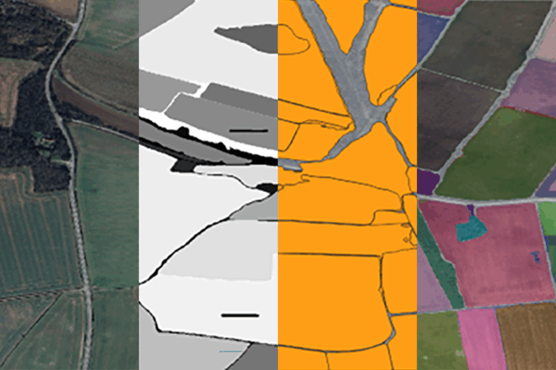 Stylised image of farm land from above using satellite imagery